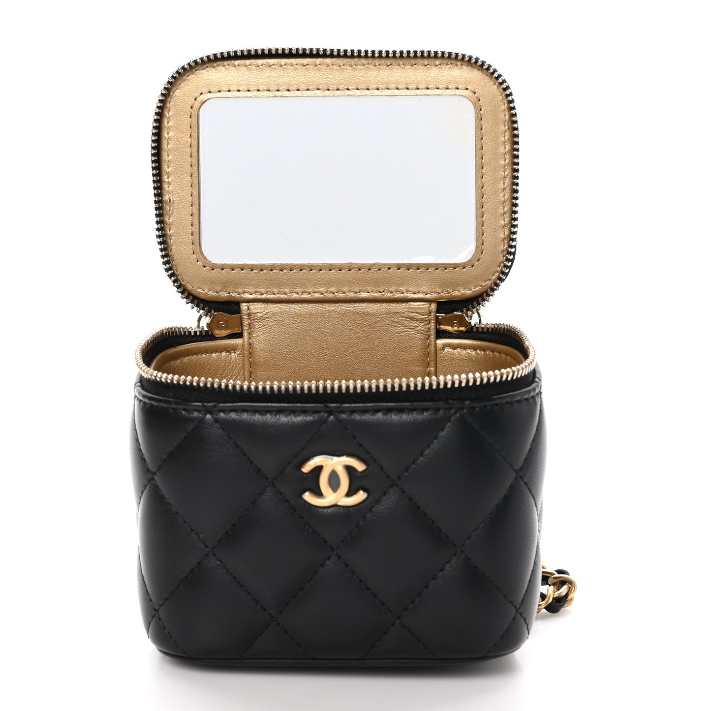 Lambskin Quilted Mini Pearl Crush Vanity Case With Chain Black