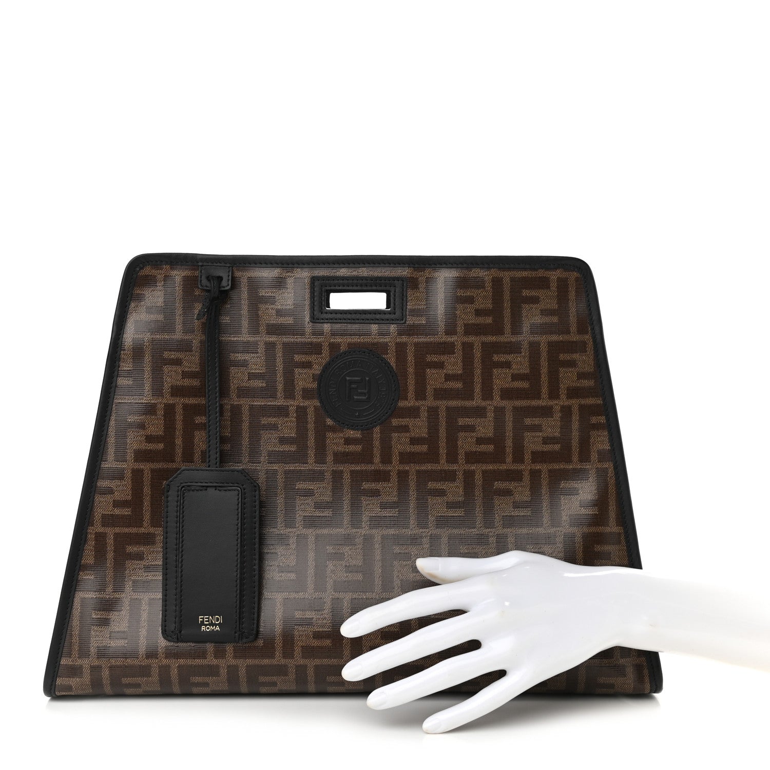 Fendi Glazed Fabric Vitello Century FF 1974 Stamp Patch Medium Peekaboo Defender Cover Mogano Panna Black 2 of 11