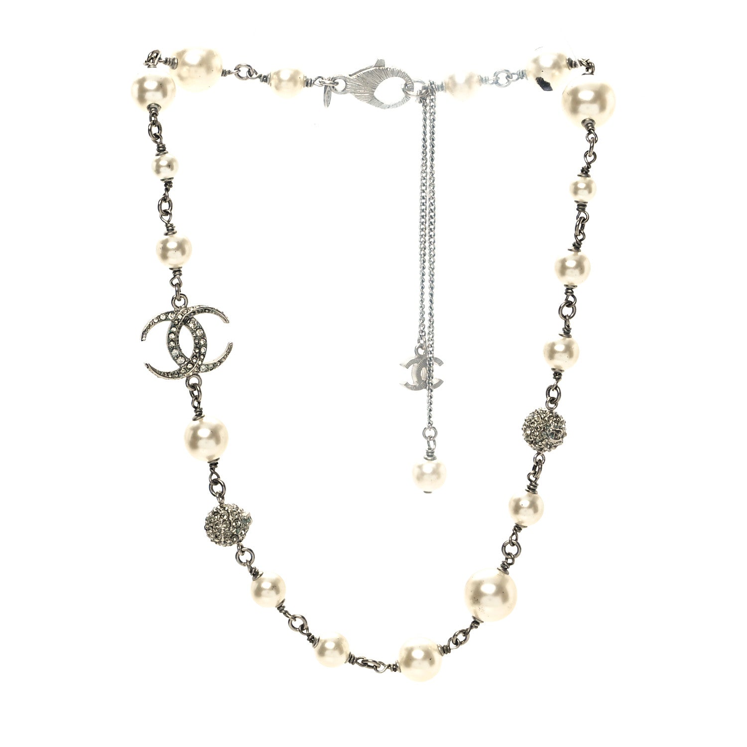 Chanel Crystal Pearl CC Short Chain Drop Necklace Silver 3 of 6