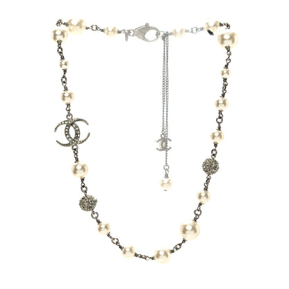 Chanel Crystal Pearl CC Short Chain Drop Necklace Silver 3 of 6