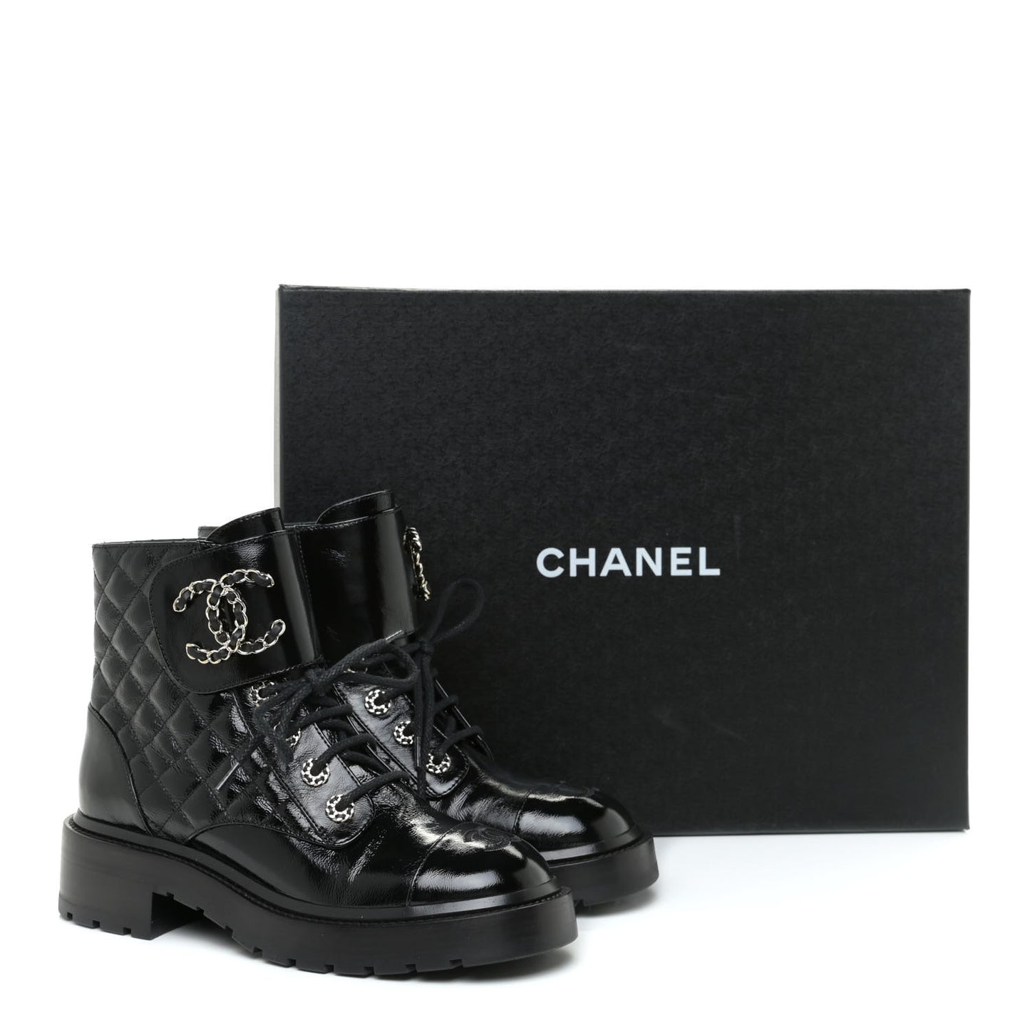 Shiny Calfskin Quilted Lace Up Combat Boots 37 Black
