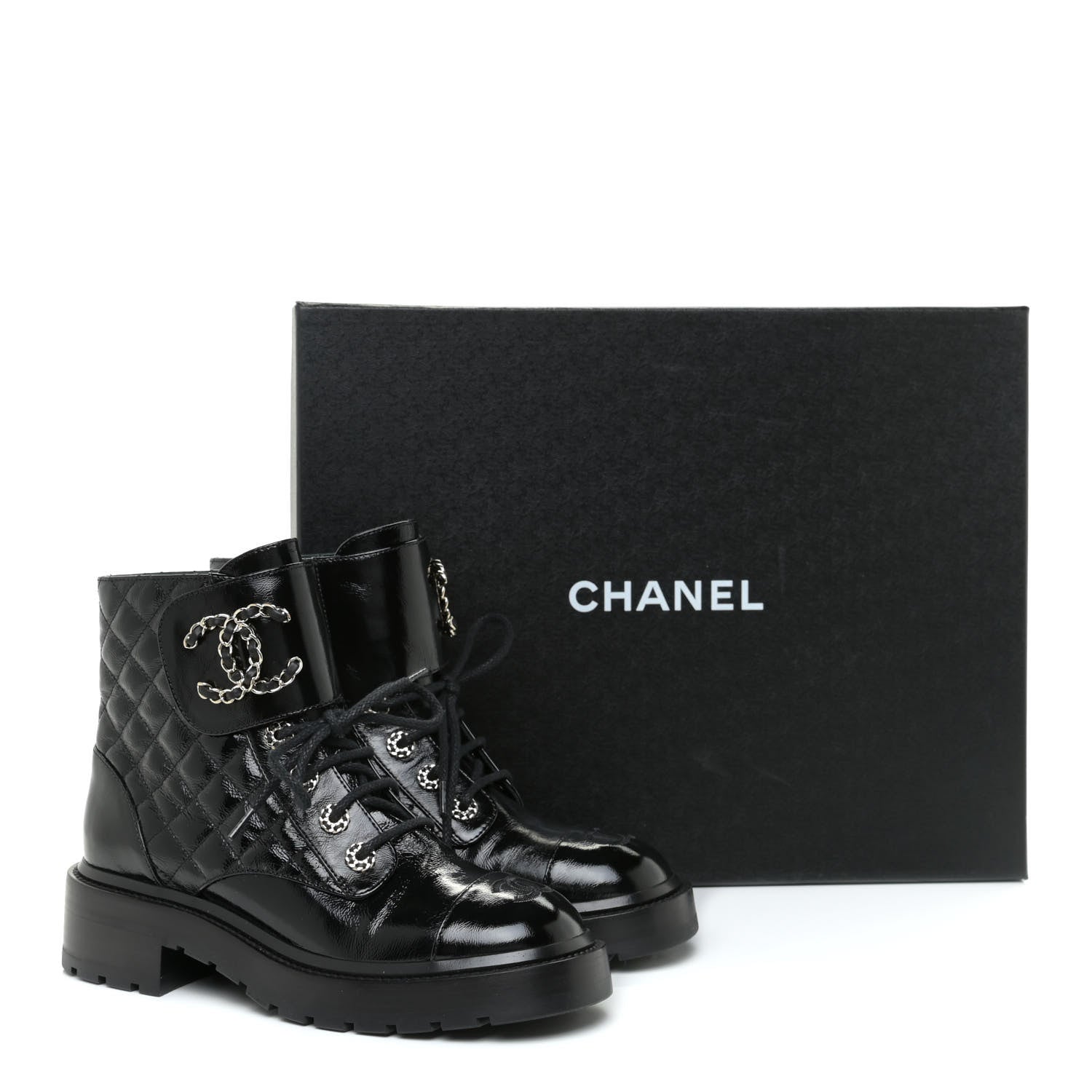 Chanel Shiny Calfskin Quilted Lace Up Combat Boots 37 Black 12 of 12