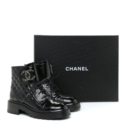 Chanel Shiny Calfskin Quilted Lace Up Combat Boots 37 Black 12 of 12