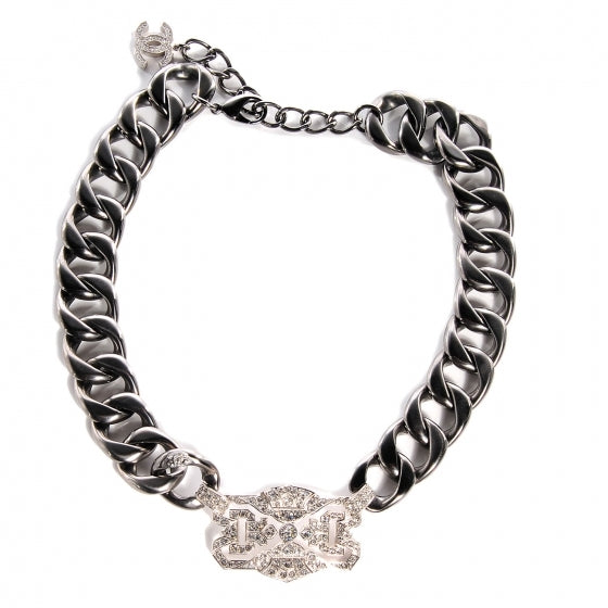 Crystal CC Chain Link Choker Necklace Dark Silver