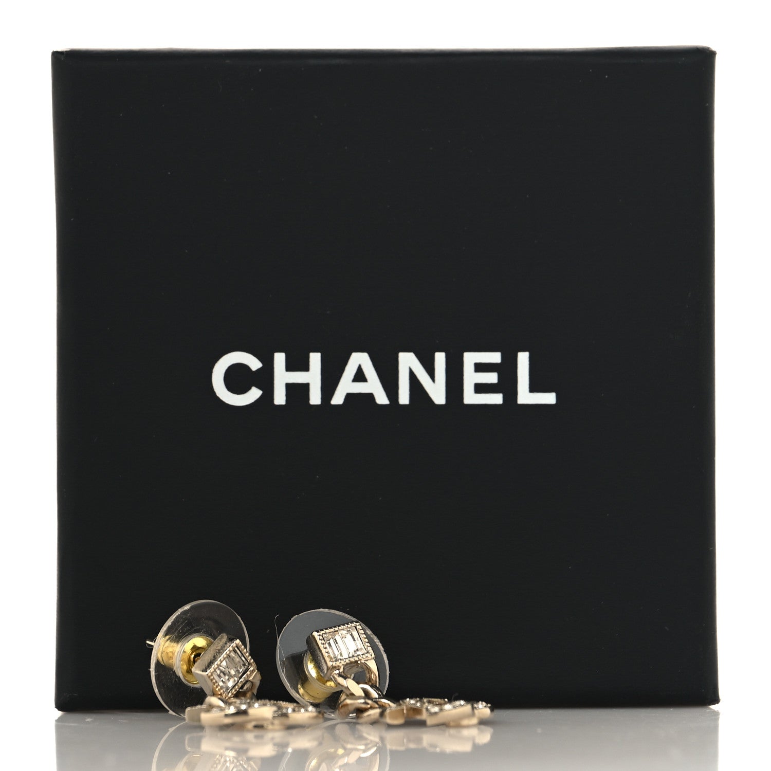 Chanel Metal Crystal Baguette CC Chain Drop Earrings Gold 8 of 10