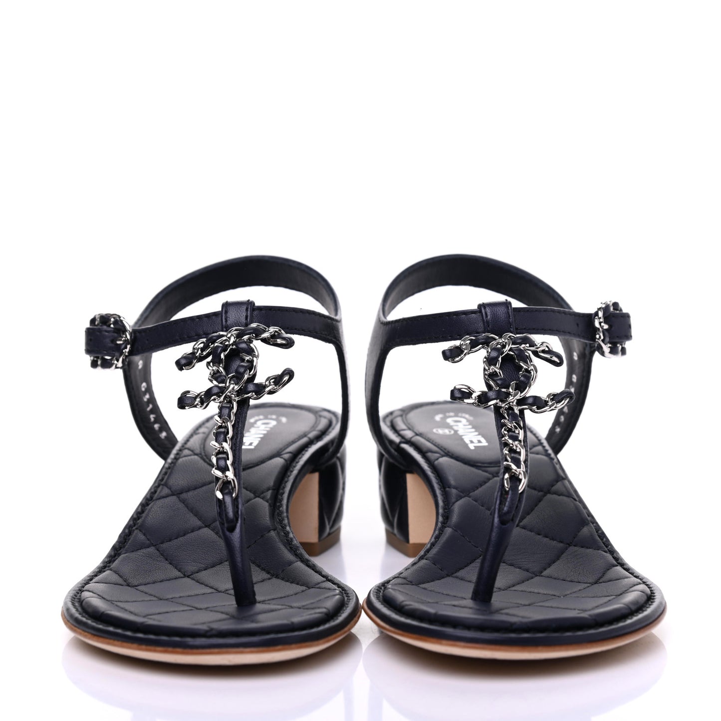 Lambskin Chain CC Logo Thong Sandals 36 Navy