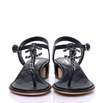 Chanel Lambskin Chain CC Logo Thong Sandals 36 Navy 2 of 9