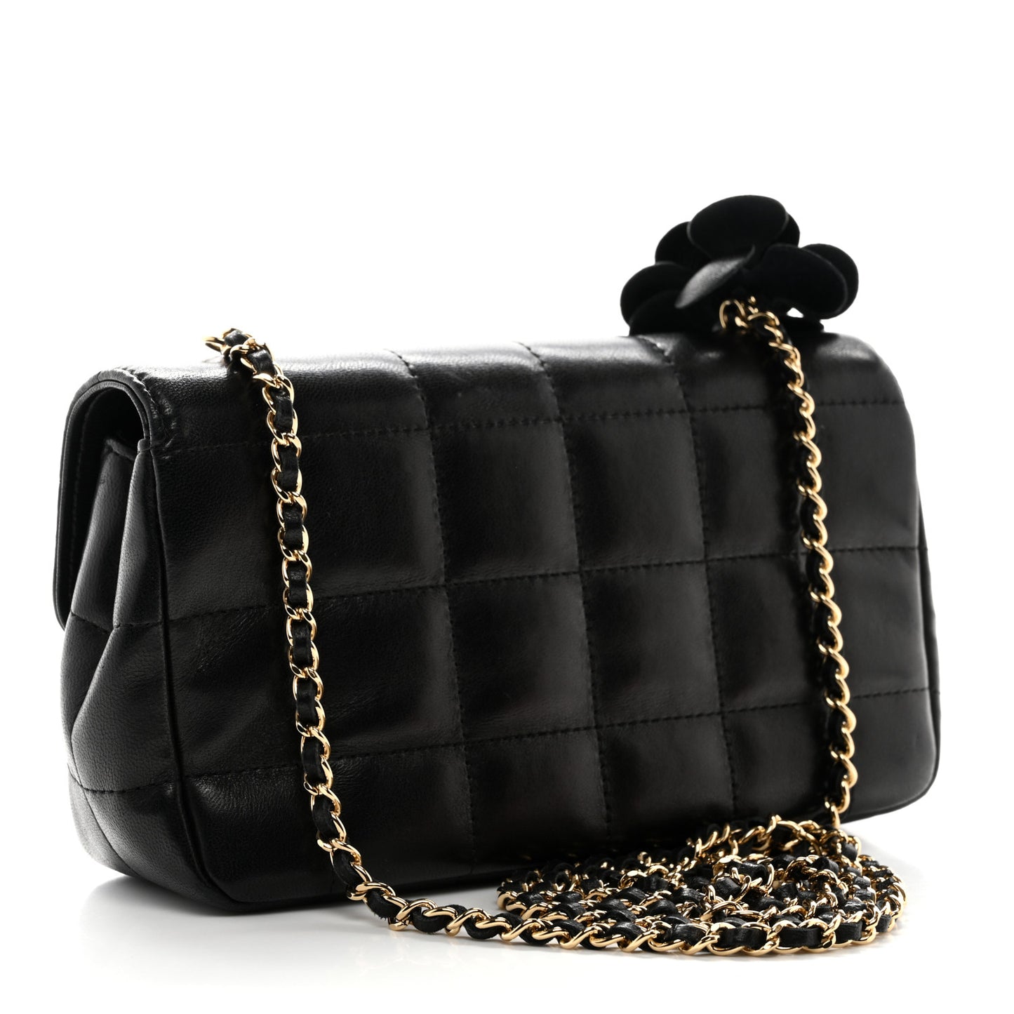 Lambskin Quilted Mini Chocolate Bar Camellia Flap Black