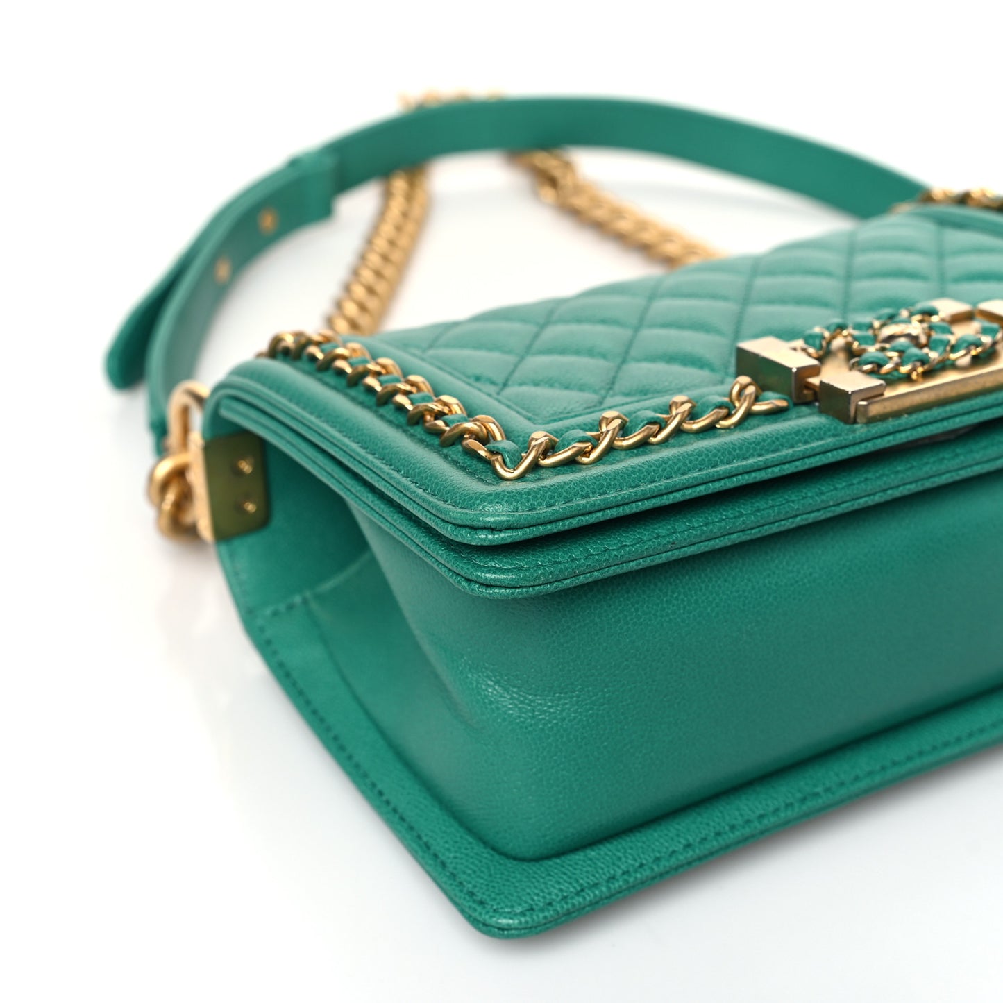 Caviar Quilted Small Chain Around Boy Flap Green