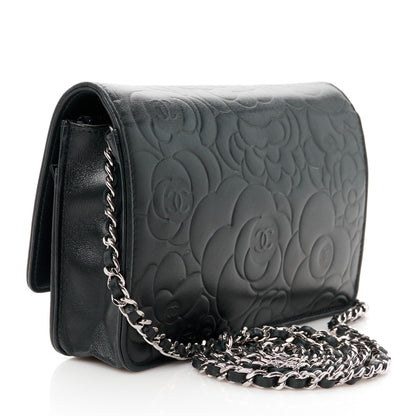 Chanel Lambskin Camellia Embossed Wallet on Chain WOC Black 3 of 12