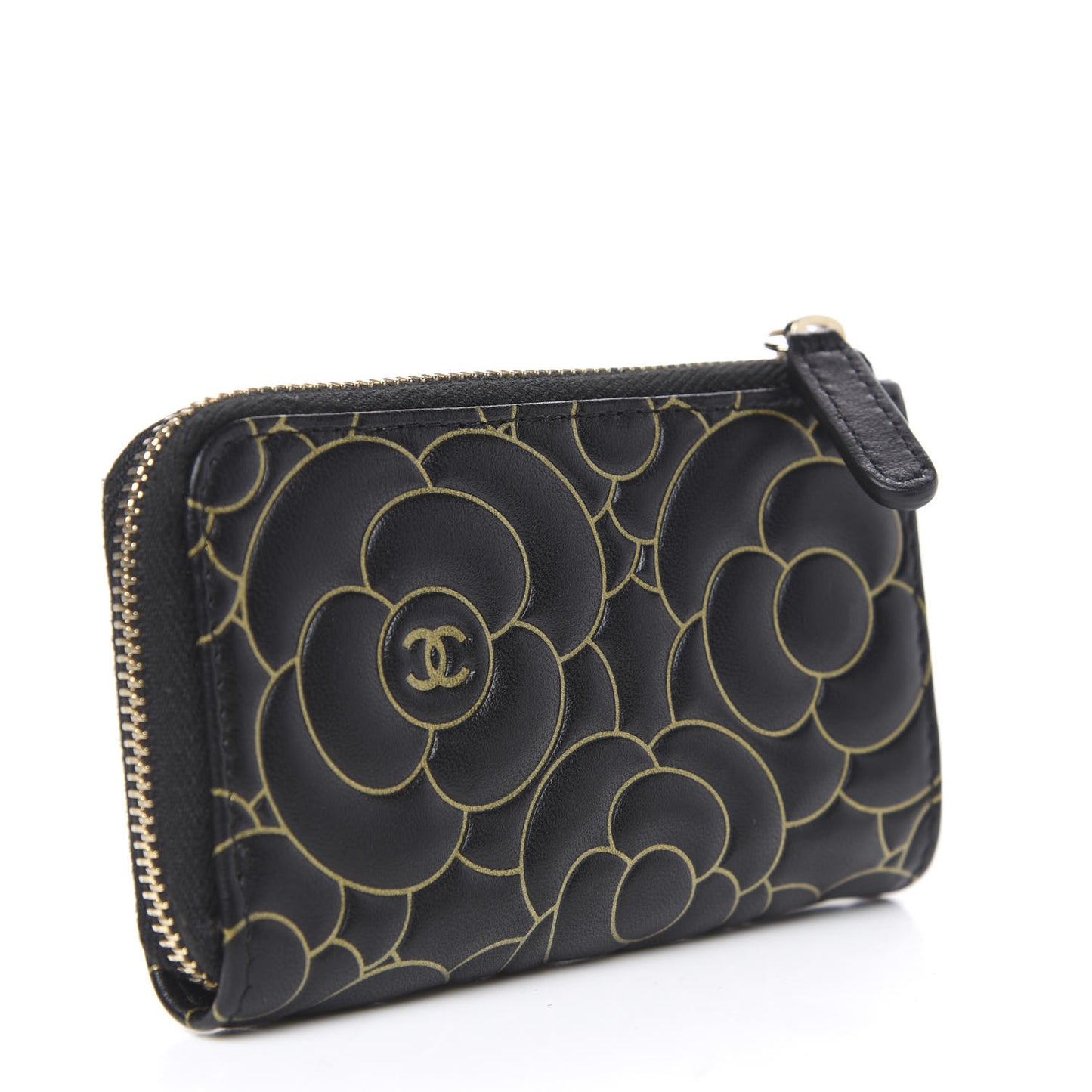 Lambskin Camellia Embossed Key Holder Case Black Gold