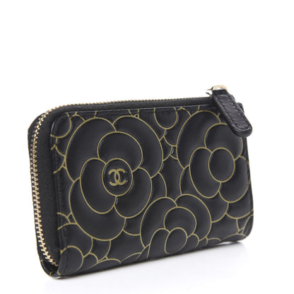 Chanel Lambskin Camellia Embossed Key Holder Case Black Gold 2 of 7
