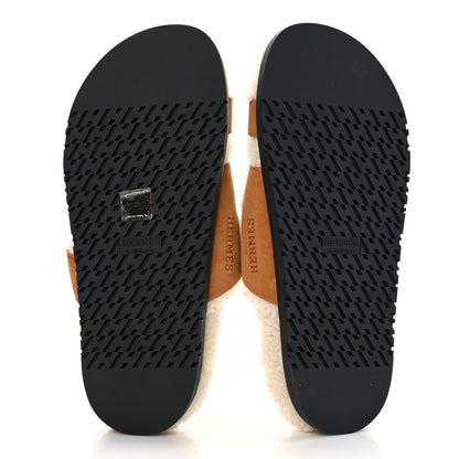 Hermes Suede Goatskin Woolskin Womens Chypre Sandals 37 Brun Fume Ecru 7 of 8