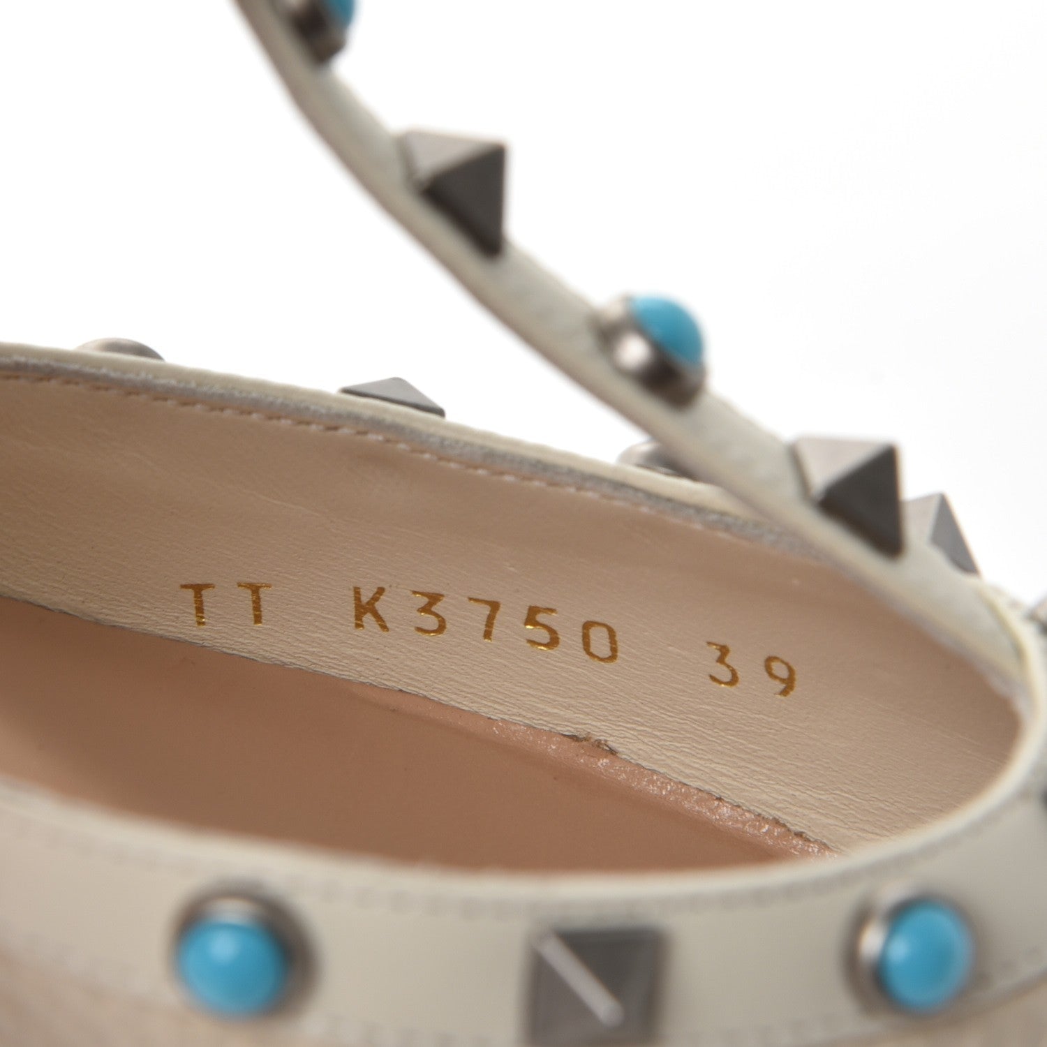 Valentino Garavani Pebbled Calfskin Turquoise Rockstud Rolling Ankle Strap 65mm Pumps 39 Ivory 8 of 9