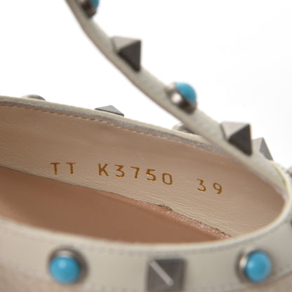 Valentino Garavani Pebbled Calfskin Turquoise Rockstud Rolling Ankle Strap 65mm Pumps 39 Ivory 8 of 9
