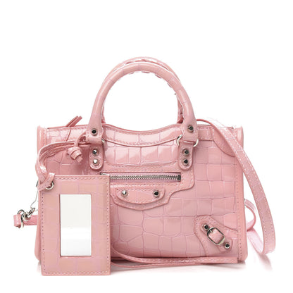 Balenciaga Patent Crocodile Embossed Classic Silver Hardware Nano City Light Pink 1 of 10