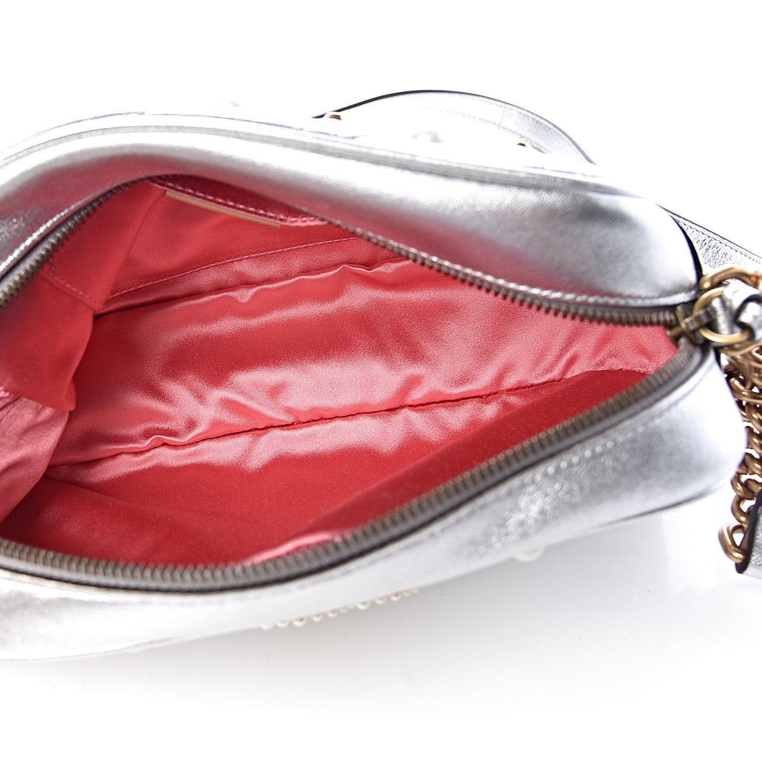 Gucci Metallic Calfskin Matelasse Studded Small Pearly GG Marmont Chain Shoulder Bag Silver 5 of 10