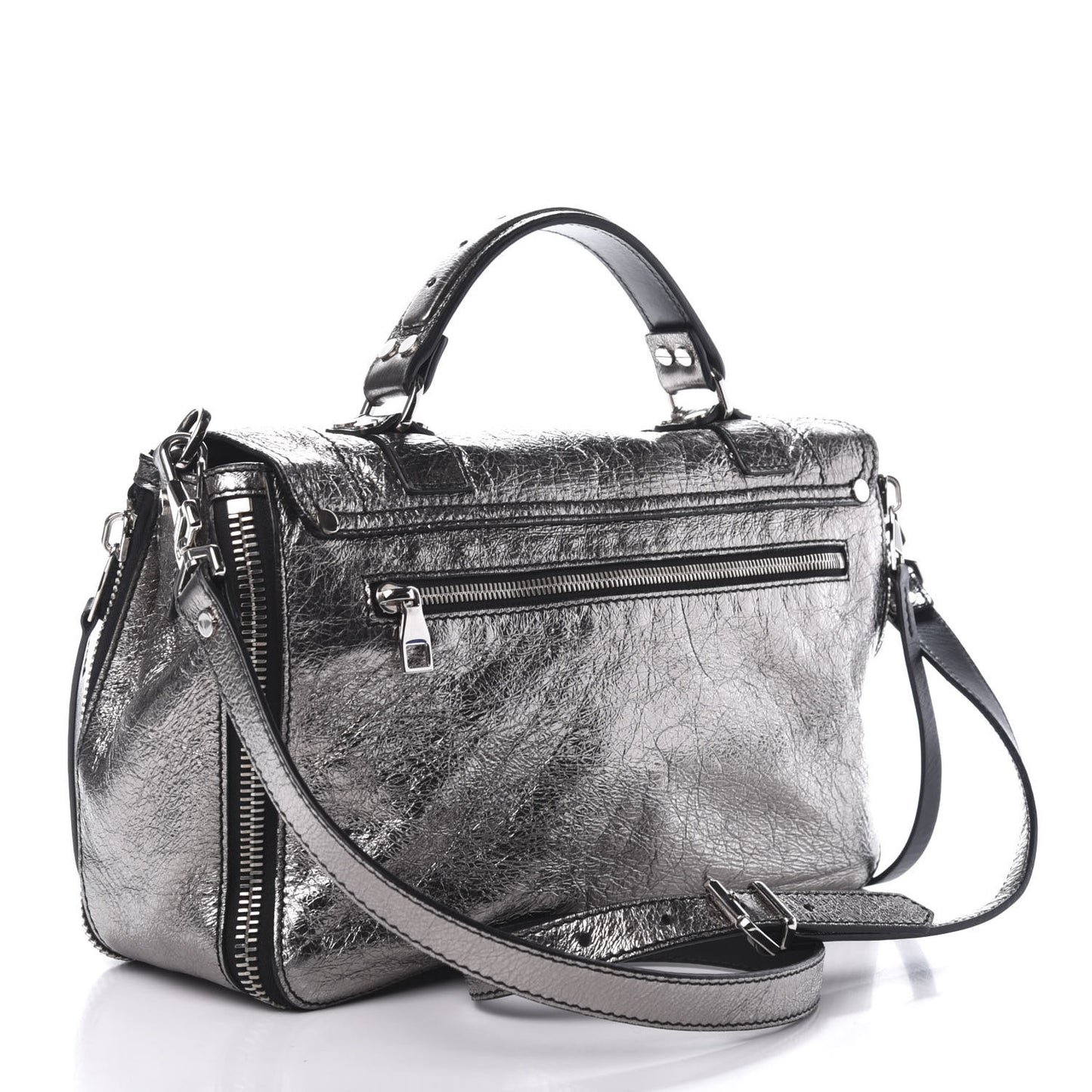 Metallic Paper Lambskin Medium PS1 Plus Zip Satchel Dark Silver