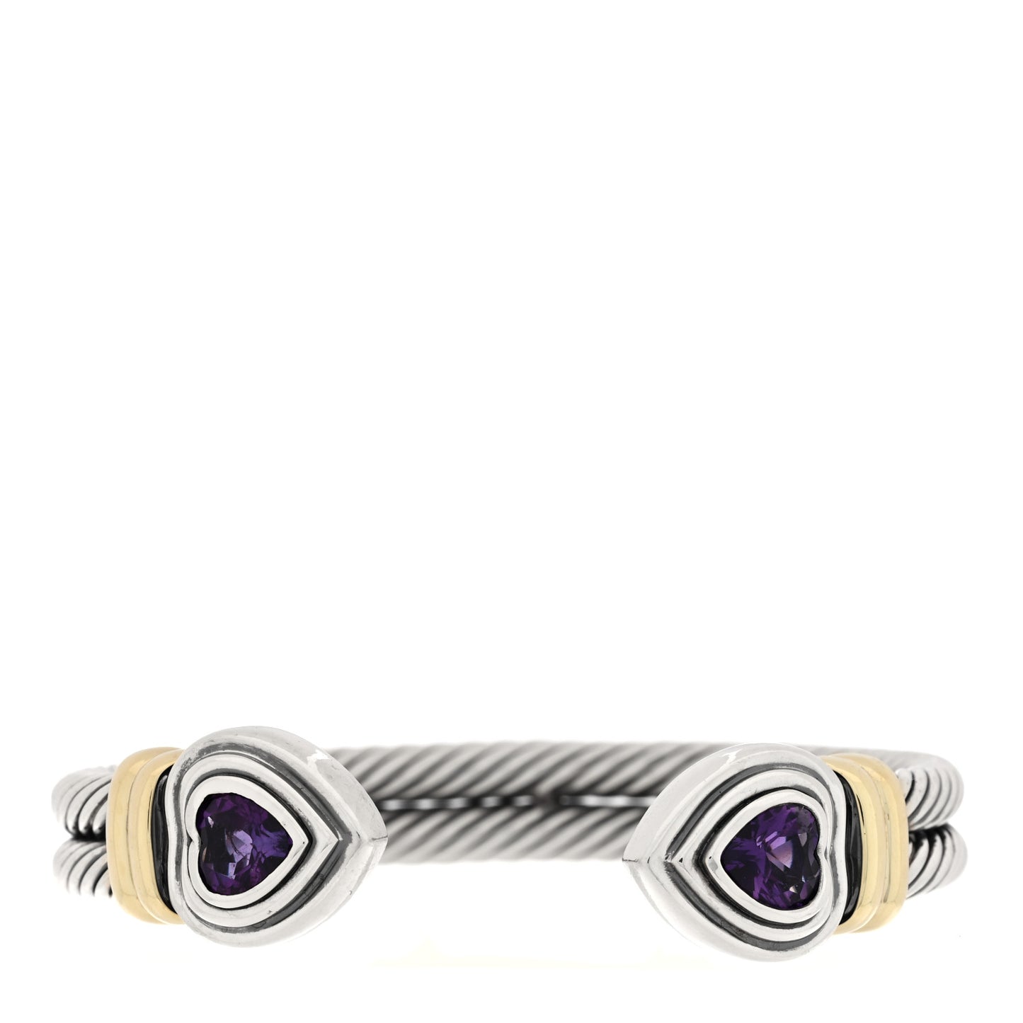 Sterling Silver 14K Yellow Gold Amethyst Heart Double Cable Cuff Bracelet