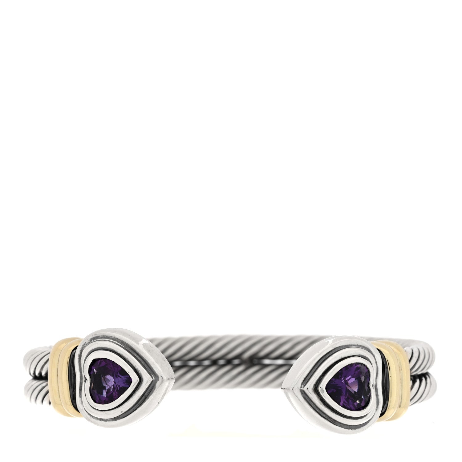David Yurman Sterling Silver 14K Yellow Gold Amethyst Heart Double Cable Cuff Bracelet 1 of 3