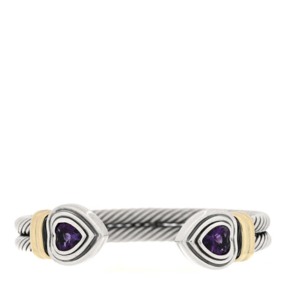 David Yurman Sterling Silver 14K Yellow Gold Amethyst Heart Double Cable Cuff Bracelet 1 of 3