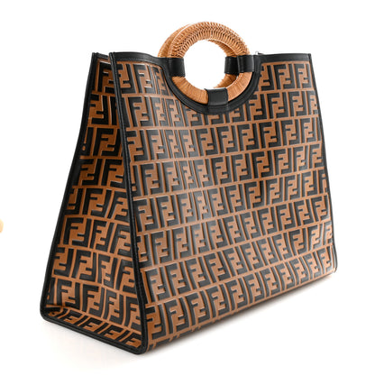 Fendi Vitello Century Wicker FF Embossed Large Runaway Shopper Tote Tobacco Black 3 of 10