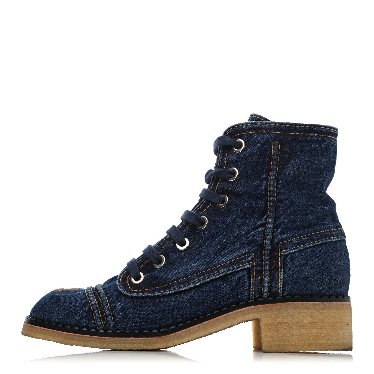 Chanel Denim Lace Up Boots 40.5 Navy Blue 1 of 4