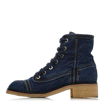 Chanel Denim Lace Up Boots 40.5 Navy Blue 1 of 4