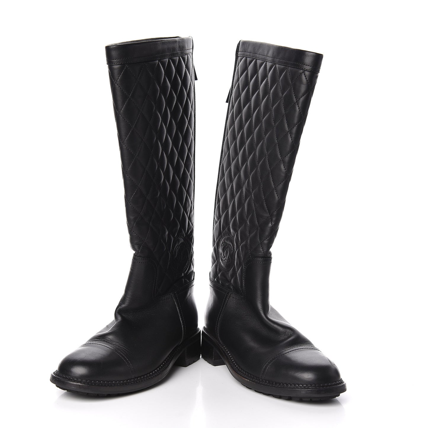 Oily Calfskin Quilted High Boots 38 Black