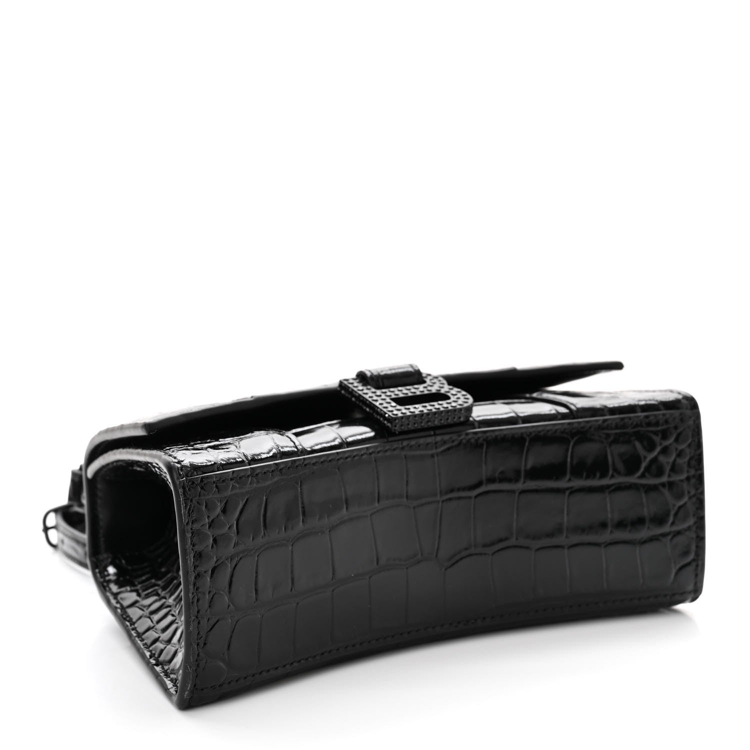Balenciaga Shiny Calfskin Strass Monochrome Crocodile Embossed Hourglass Top Handle Bag XS Black 4 of 13