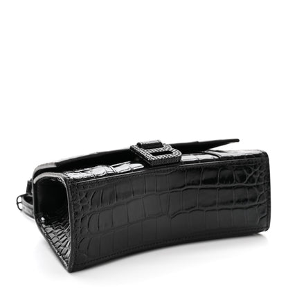 Balenciaga Shiny Calfskin Strass Monochrome Crocodile Embossed Hourglass Top Handle Bag XS Black 4 of 13