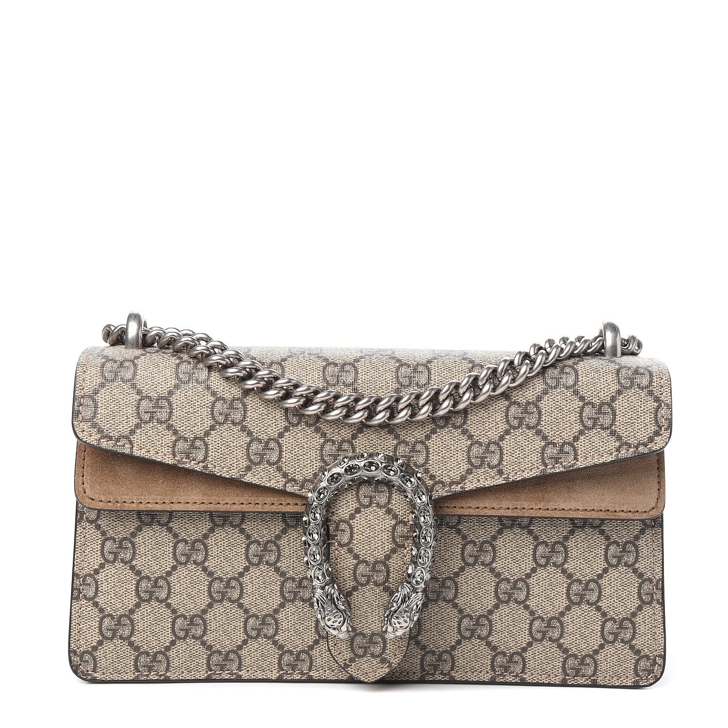 Gucci GG Supreme Monogram Suede Crystal Small Dionysus Shoulder Bag Beige Ebony Taupe 1 of 10