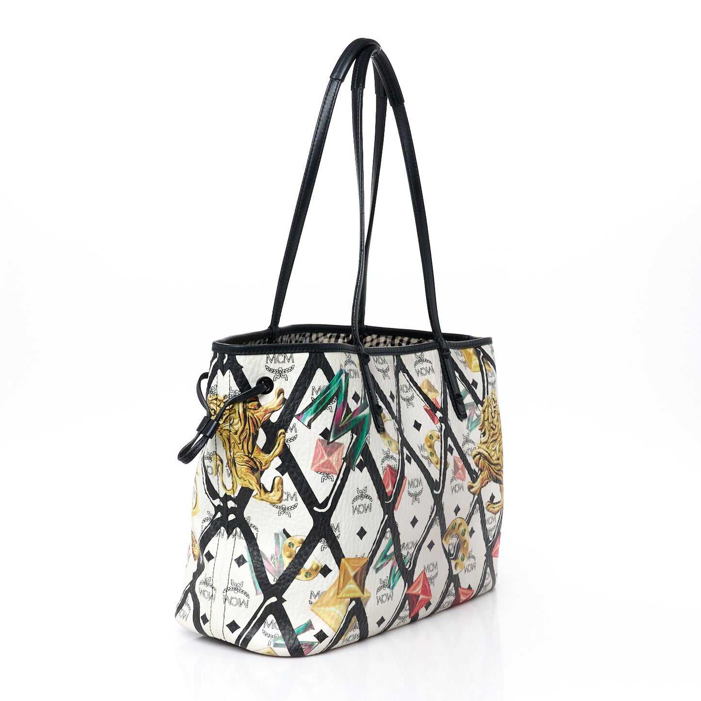 Visetos Calfskin Motif Rombi Lion Printed Reversible Shopper Tote White