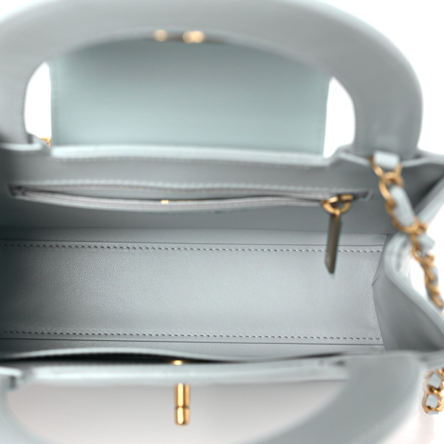 Shiny Aged Calfskin Quilted Nano Kelly Shopper Light Blue