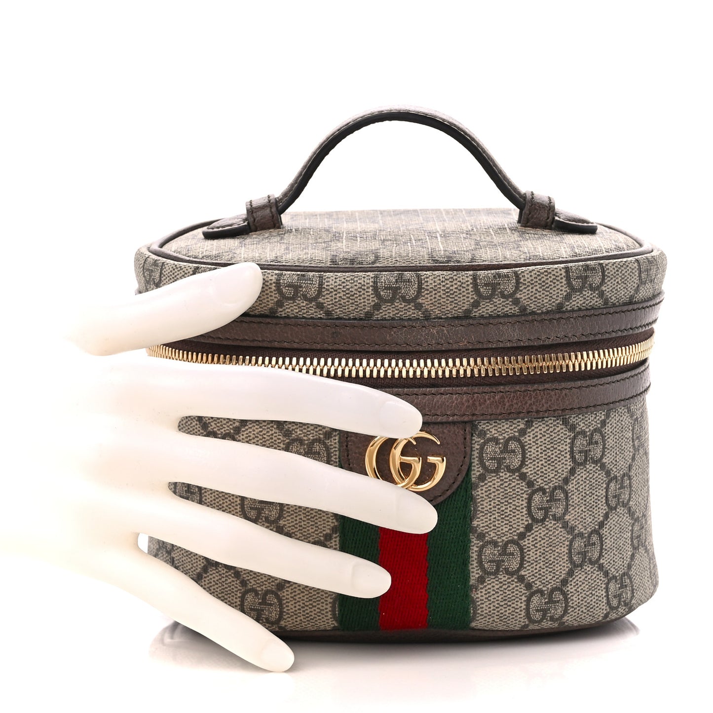 GG Supreme Monogram Textured Calfskin Web Ophidia Vanity Cosmetic Case Beige Ebony New Acero