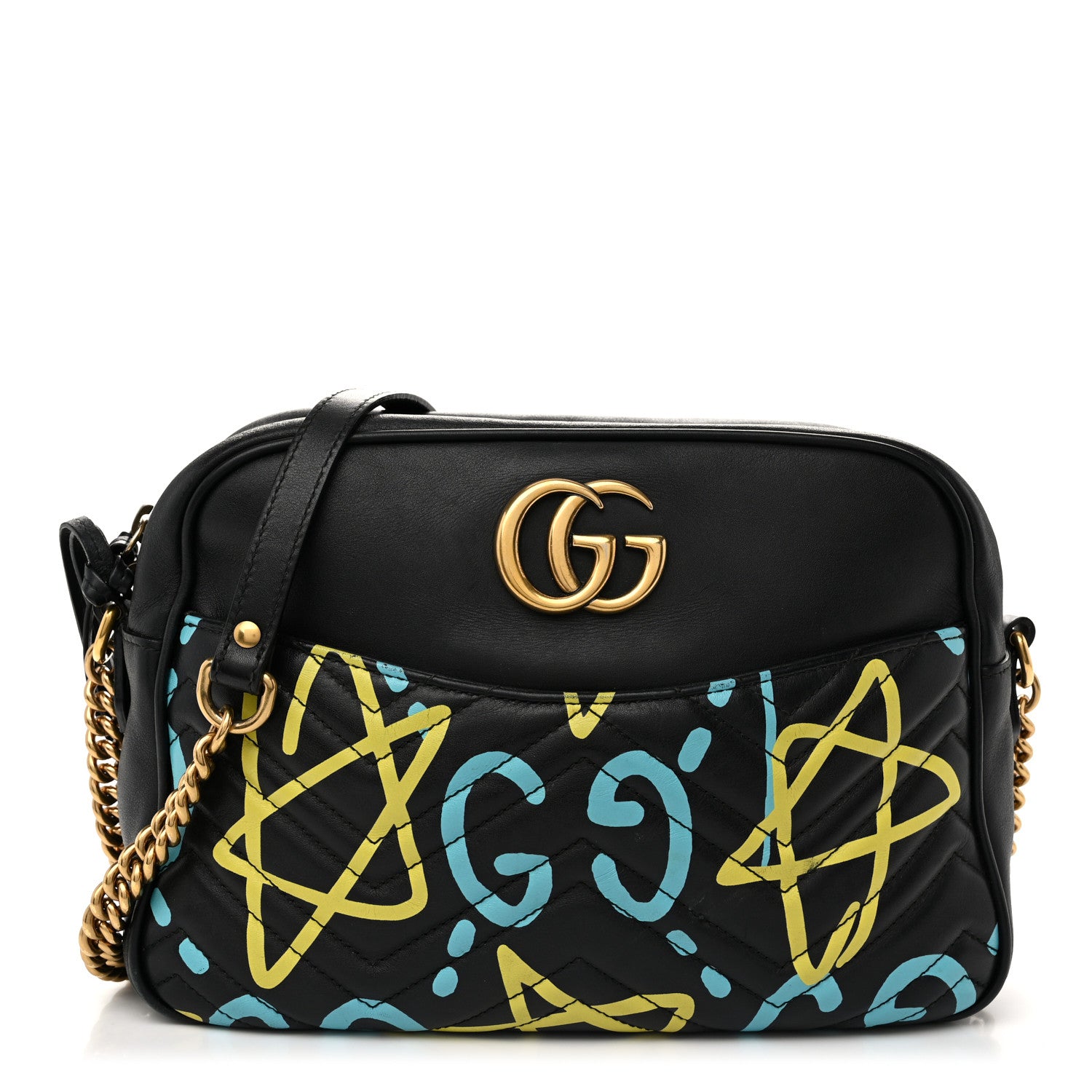 Gucci Calfskin Matelasse GucciGhost Medium GG Marmont Chain Shoulder Bag Black New Acquamarine 1 of 11