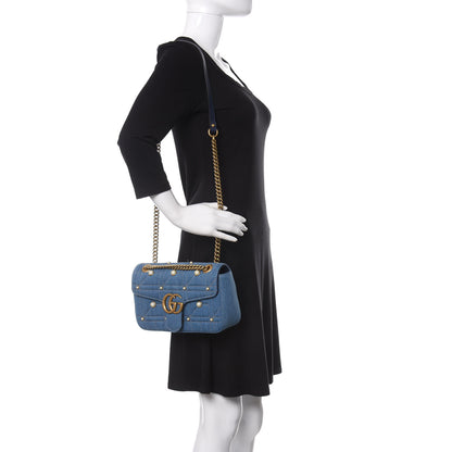 Gucci Denim Matelasse Pearl Studded Small GG Marmont Shoulder Bag Blue 2 of 9