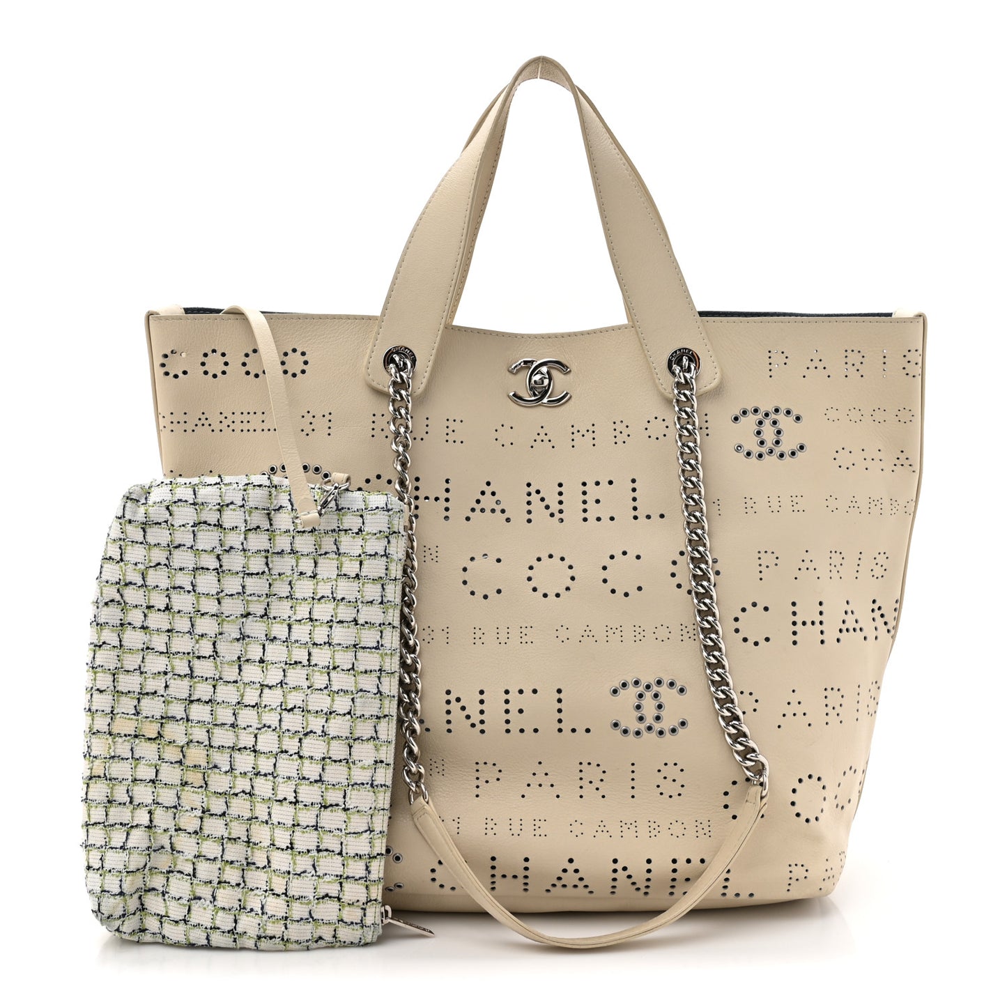Calfskin Tweed Small Logo Eyelets Shopping Tote Beige