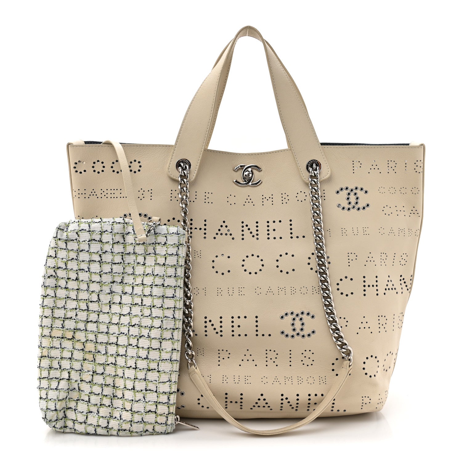 Chanel Calfskin Tweed Small Logo Eyelets Shopping Tote Beige 3 of 15