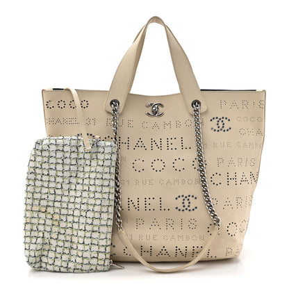 Chanel Calfskin Tweed Small Logo Eyelets Shopping Tote Beige 3 of 15