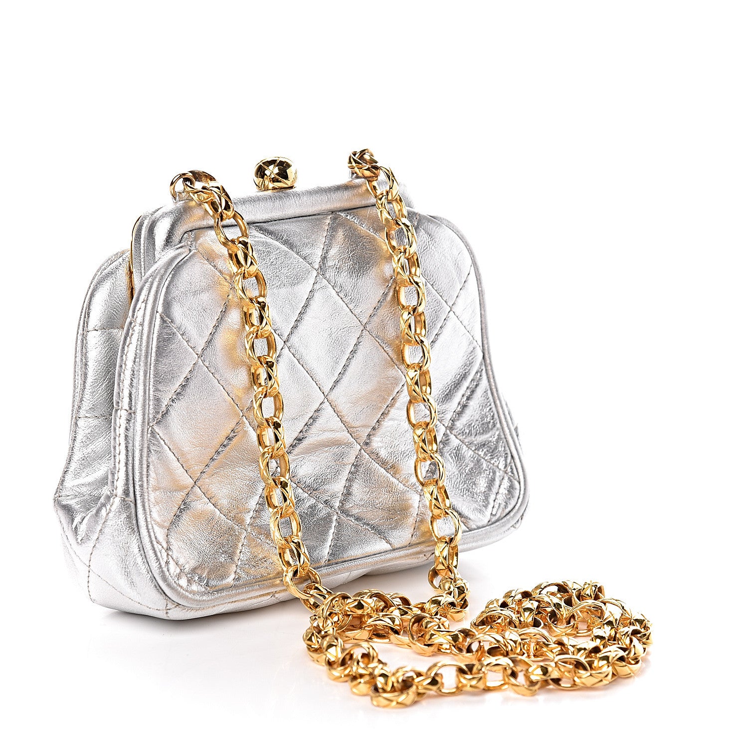 Chanel Metallic Lambskin Quilted CC Kiss Lock Evening Clutch Silver 3 of 11