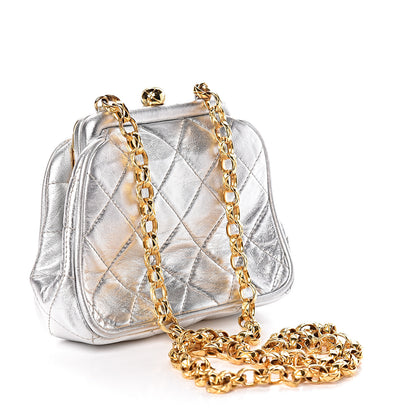 Chanel Metallic Lambskin Quilted CC Kiss Lock Evening Clutch Silver 3 of 11