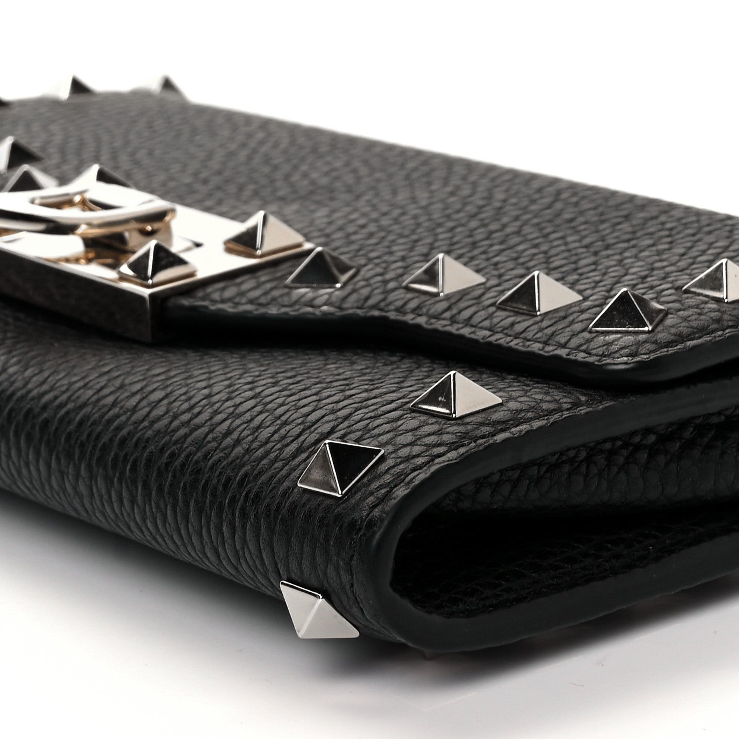 Valentino Garavani Pebbled Calfskin Rockstud Flip Lock Wallet On Chain Black 8 of 8
