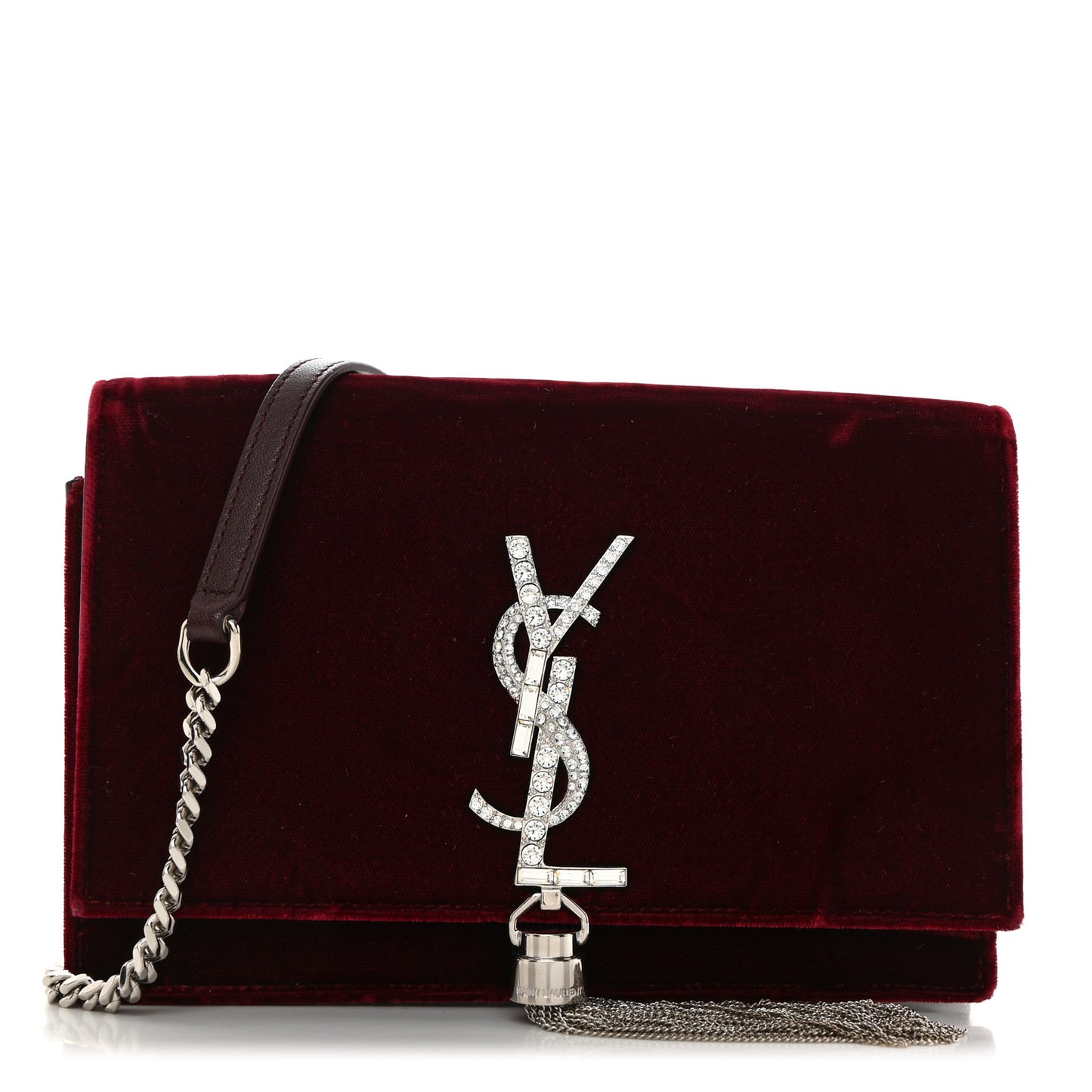 Velvet Crystal Monogram Kate Tassel Shoulder Bag Burgundy