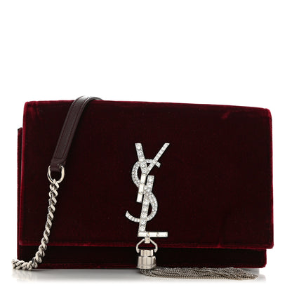 Saint Laurent Velvet Crystal Monogram Kate Tassel Shoulder Bag Burgundy 1 of 10