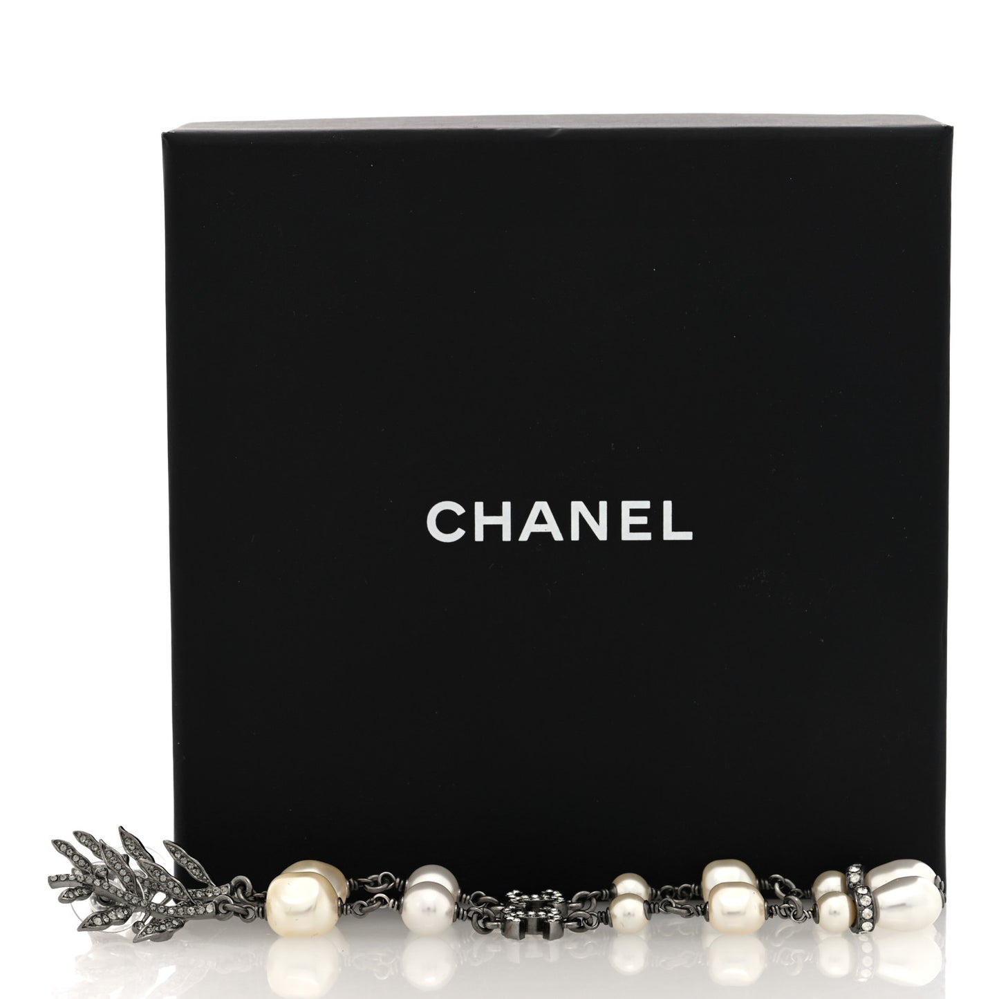 Pearl Crystal CC Long Drop Earrings Silver