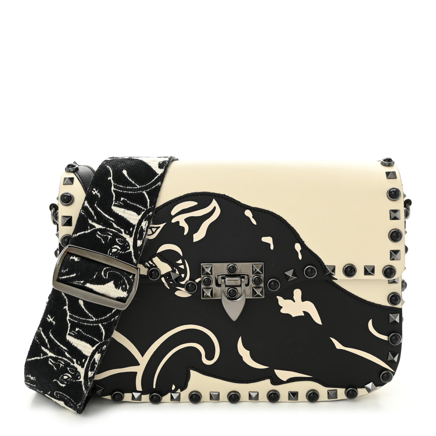 Calfskin Panther Medium Guitar Strap Rockstud Rolling Flap Saddle Bag Light Ivory Black