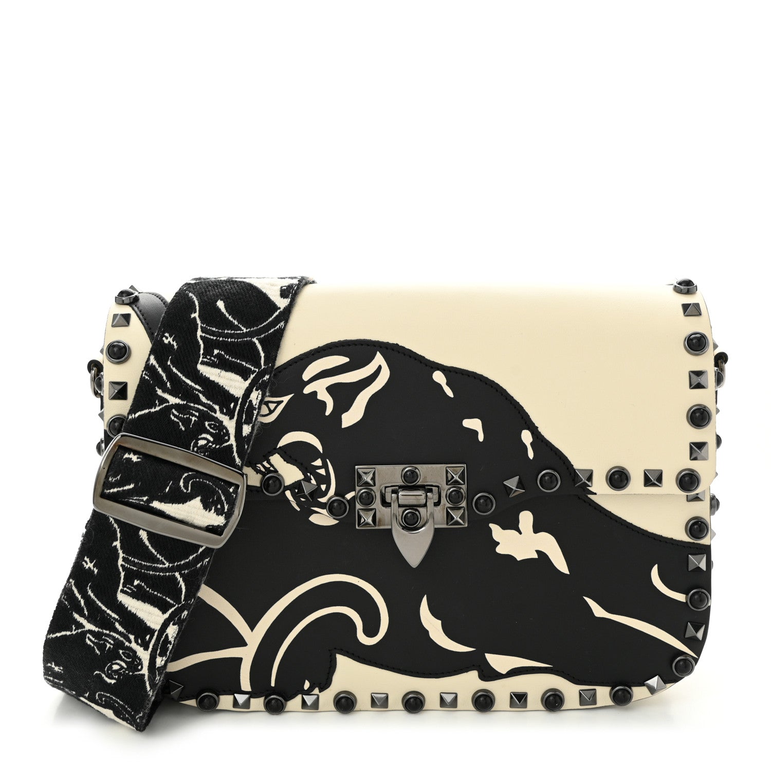 Valentino Garavani Calfskin Panther Medium Guitar Strap Rockstud Rolling Flap Saddle Bag Light Ivory Black 1 of 10