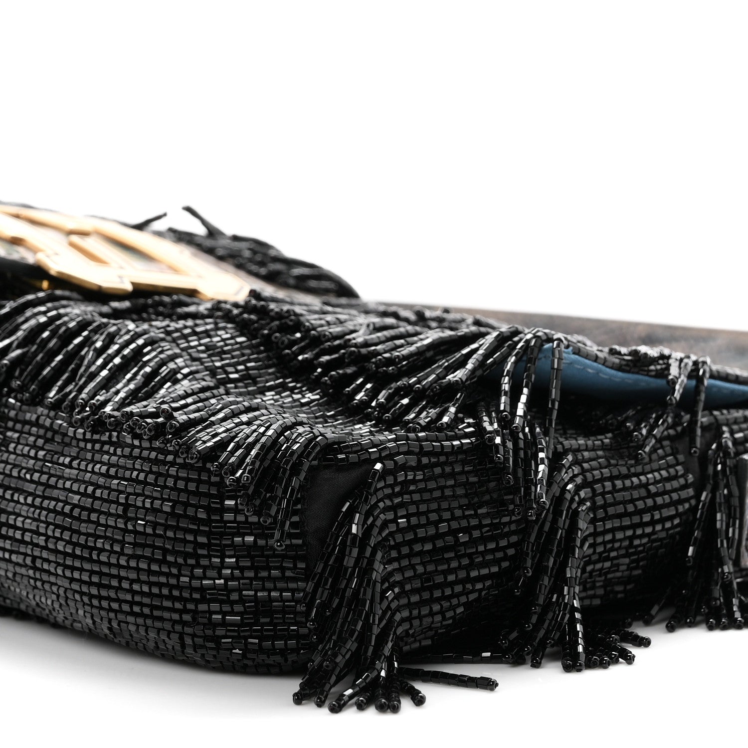 Fendi Iridescent Lizard Beaded Fringe Baguette Black 9 of 9
