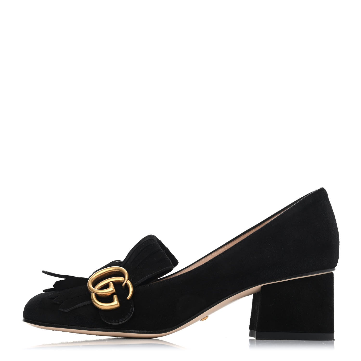 Gucci Kid Scamosciato GG Marmont Fringe 50mm Loafer Pumps 35.5 Black 1 of 4